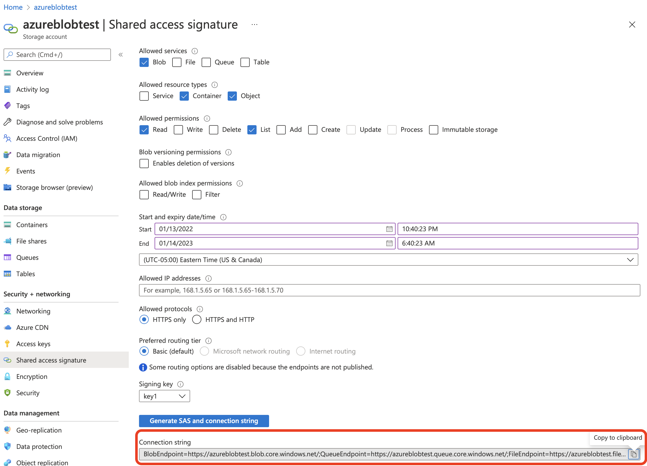 Create Azure Blob Storage shared access signature (SAS)